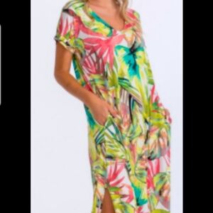 CY Kaftan Water Color Tropical Palm Print Swim Cover-Up